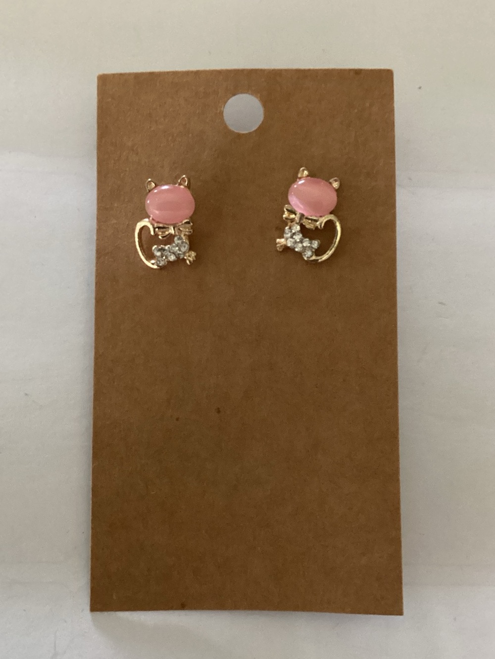 Pink Cat Stud Earrings with‎ Crystal Accents